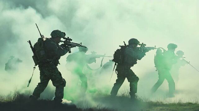 Fighting scenario with military silhouettes against a backdrop of war fog