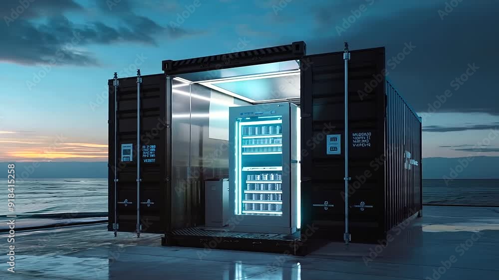 Poster a high-tech shipping container equipped with temperature control and real-time tracking for perishab