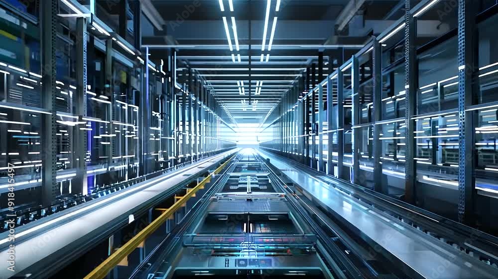 Poster a sleek modern warehouse with automated storage