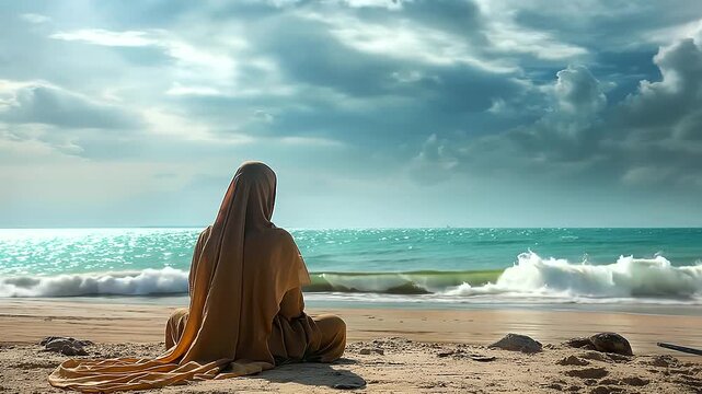 A serene beach setting with a modern Muslim woman in hijab, performing her prayers with the sound of waves in the background