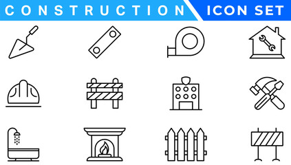 construction icon element set. Containing crane, building, land, excavator, maintenance, contractor, worker, architecture and more. Solid icons vector collection.