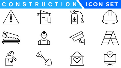 construction icon element set. Containing crane, building, land, excavator, maintenance, contractor, worker, architecture and more. Solid icons vector collection.