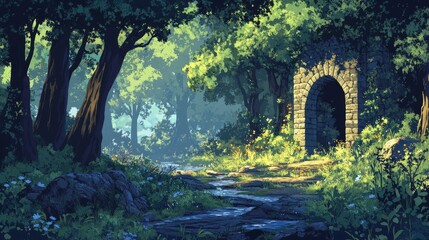 Fototapeta premium An anime enchanted forest at dawn, with glowing plants, ancient trees, a clear stream, and a hidden stone archway.