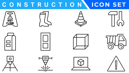 construction icon element set. Containing crane, building, land, excavator, maintenance, contractor, worker, architecture and more. Solid icons vector collection.