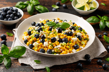 Blueberry Corn Feta Salad in white plate on wooden table. Healthy food