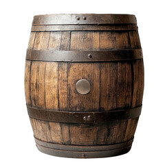 Obraz premium Vintage wooden barrel isolated on white background, perfect for rustic decor or storage solutions in stock photos