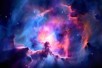 Stunning celestial nebula with vibrant blues, purples, and pinks, featuring stars and galaxies in cosmic splendor