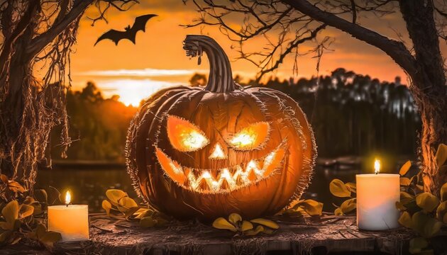 The showcases a glowing jack-o-lantern, sinister face, surrounded by candles and foliage. The scene is set against a sunset background with a flying bat. The concept embodies Halloween and spookiness