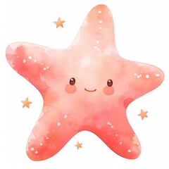 A cute, smiling starfish with a watercolor effect and small stars around it.