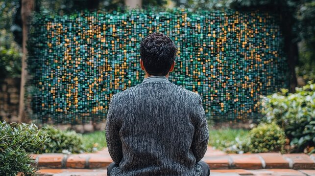 A contemplative person gazes at a colorful wall of interconnected objects in a serene outdoor setting.