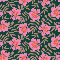 Botanical seamless pattern with hand drawn hibiscus flower and abstract leaf for fabric wallpaper scrapbook cover