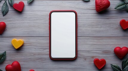 A blank smartphone surrounded by colorful hearts and leaves on a wooden surface, perfect for love-themed content.