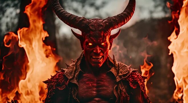 devil with red skin and horns surrounded by flames