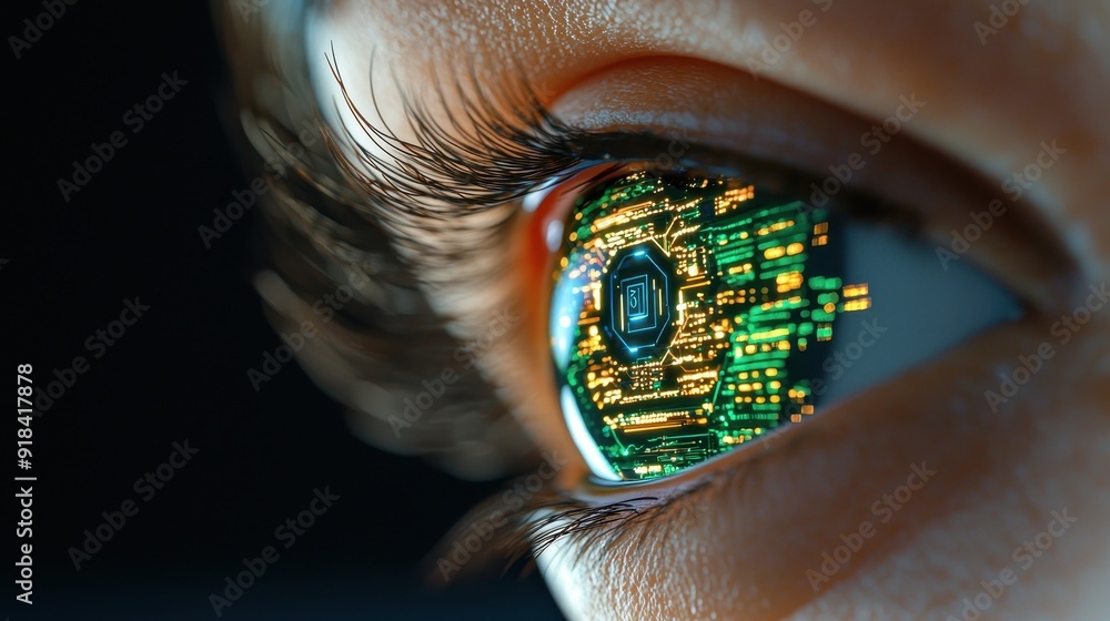 Poster a close-up of a futuristic eye showcasing intricate circuit patterns, symbolizing technology and vis