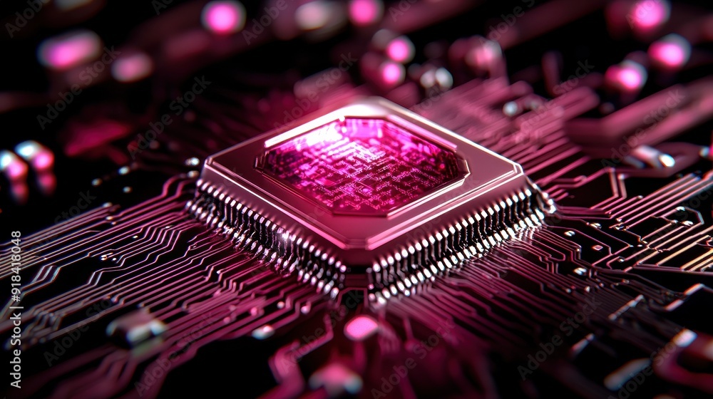 Aufkleber a close-up view of a vibrant microchip on a circuit board, showcasing intricate details and technolo