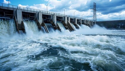 Water rushing through a hydroelectric dam during peak flow in a river, under a cloudy sky