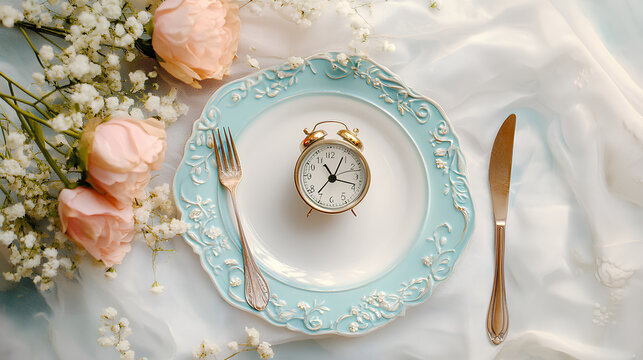 Alarm clock and plate with cutlery . Concept of intermittent fasting, lunchtime, diet and weight loss