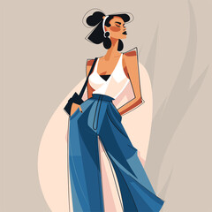 Elegant lady with flowing hair and modern outfit.
