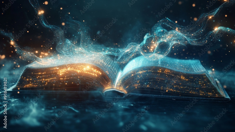 Poster Digital Knowledge. Futuristic Book with Glowing Wireframes and Data Streams