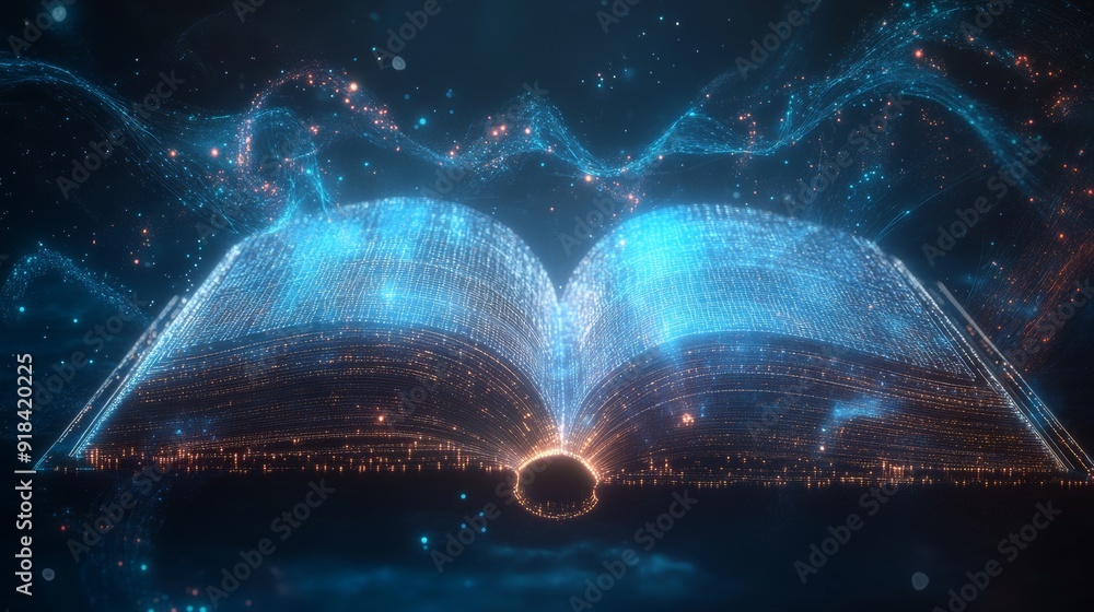 Aufkleber Digital Knowledge. Futuristic Book with Glowing Wireframes and Data Streams