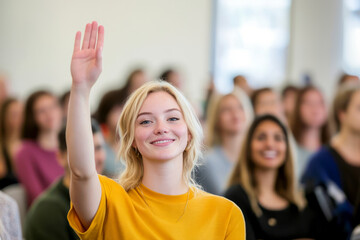 Young Woman Raising Hand in a Classroom Setting