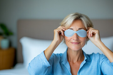 Naklejka premium Mature Woman Relaxing with Eye Mask in Bedroom