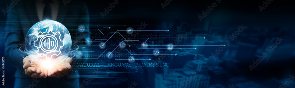 Poster nlp expert holds a global natural language processing network connected to various linguistic data s