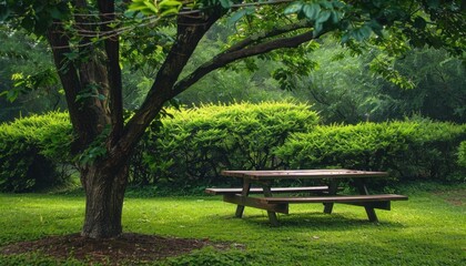 A tranquil picnic table under a large tree in a lush green park during a foggy morning