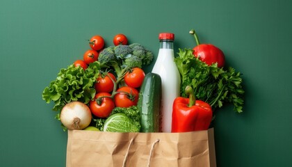 Fresh vegetables and dairy products in a paper bag against a green background
