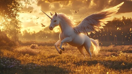 Obraz na płótnie Canvas A majestic unicorn with wings is captured mid-leap in a sunlit meadow. The scene is bathed in warm, golden light, with mountains visible in the background, creating a magical and serene atmosphere.