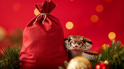 Obraz premium Cute snake, symbol of 2025 new year, on a red Christmas background with a gift bag with blank copy space. Greeting banner.