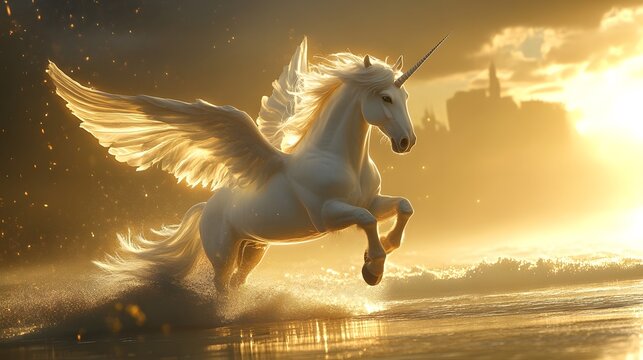 A majestic unicorn with wings is captured mid-leap in a sunlit meadow. The scene is bathed in warm, golden light, with mountains visible in the background, creating a magical and serene atmosphere.