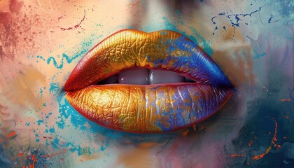 Colorful abstract lips with vibrant paint splashes on a textured background