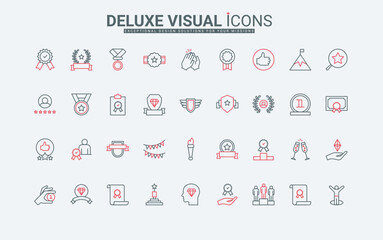 Winners award line icons set. Medal and wreath badge for achievement victory, trophy recognition of champion for first place in championship thin black and red outline symbols vector illustration