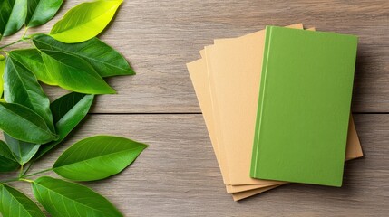 A serene arrangement of notebooks beside fresh green leaves on a wooden surface, perfect for nature-inspired creativity.