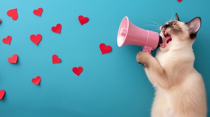 Fototapeta premium Illustration of cute march cat surrounded by heart signs with megaphone meowing love song on bright background with copy space.