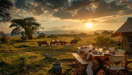 Sunset dining experience in an African safari with set tables and traditional decor