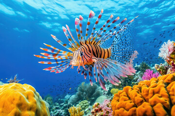 A vibrant lionfish with long, flowing spines hovering above a coral reef.