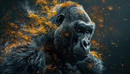 A powerful silverback gorilla surrounded by dynamic bursts of orange elements in a vivid display of strength and majesty