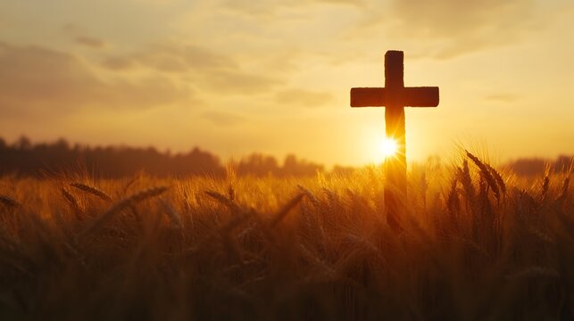 Silhouette of a wooden cross in a wheat field during sunset