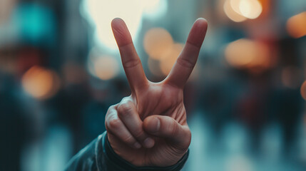 A hand making the sign of peace, with two fingers raised in a V gesture, stands out against a plain, subdued background.