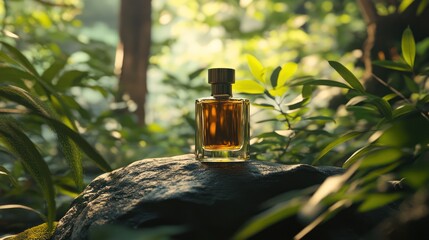 Perfume bottle sitting on a rock near green trees