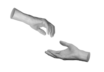 Two hands reaching to each other for love, unity, help, isolated on white background., transparent png