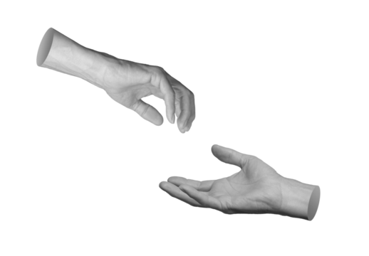 Two hands reaching to each other for love, unity, help, isolated on white background., transparent png