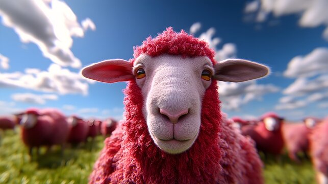 Pink Sheep Looking at Camera with a Flock Behind it