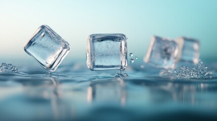 Frozen ice cubes bobbing on the surface of calm water.