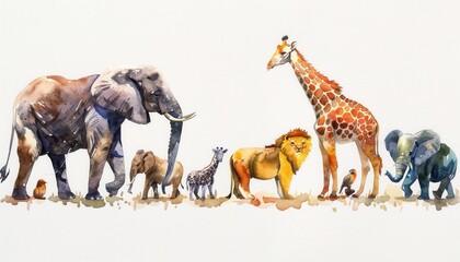 Watercolor illustration of a diverse group of African animals walking together in a savanna landscape