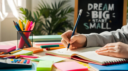 A student’s hand holding a pencil, writing "Back to School" in a new notebook with school supplies scattered around. - Powered by Adobe