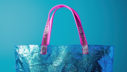 Shiny blue and pink sequin tote bag against a bright blue background