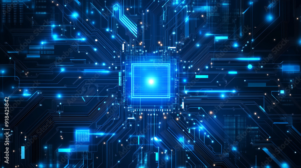 Fototapete futuristic computer technology background. the dark background is decorated with digital circuits an